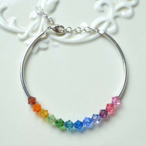 Handmade Rainbow Crystal Bracelet, Silver Plated, Bright and Colourful - Picture 2 of 7